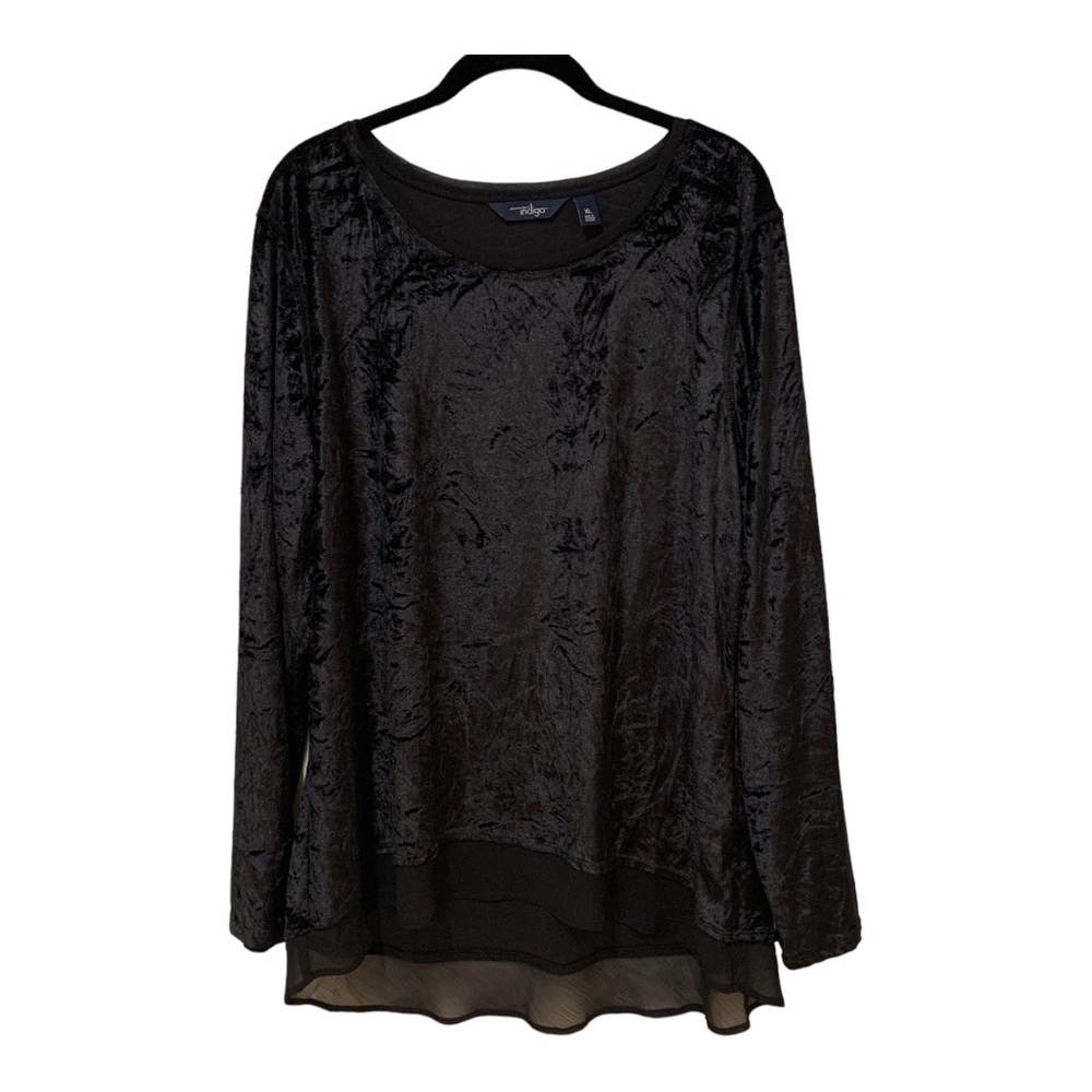Great NW Indigo Black Crushed Velvet Top w/ Chiffon Edging Long Sleeves Sz XL